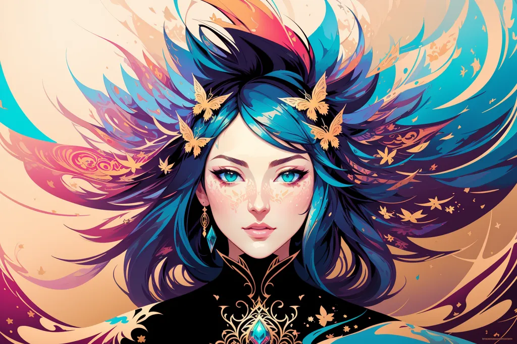 This is an image of a woman with long blue hair and blue eyes. She is wearing a black and gold outfit. There are butterflies in her hair and around her neck. The background is a mixture of blue, orange, and yellow colors. The woman's expression is serious.