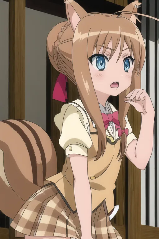 The image shows an anime-style girl with brown hair and blue eyes. She has squirrel-like ears and a tail. She is wearing a brown vest, a white blouse, and a brown skirt. She is looking at the viewer with a curious expression on her face.