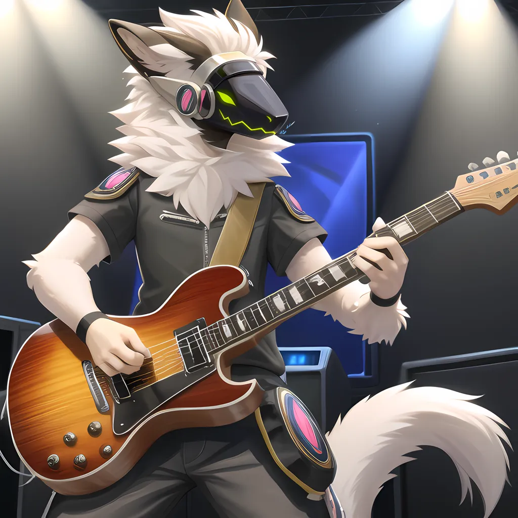 The image is of a white and gray wolf furry playing an electric guitar. The furry is wearing a black shirt with a white collar and black pants. The furry is also wearing a pair of headphones and has a guitar strap over its shoulder. The furry is standing on a stage with a large spotlight shining on it. There is a speaker and amplifier behind the furry. The furry is playing the guitar with a determined look on its face.