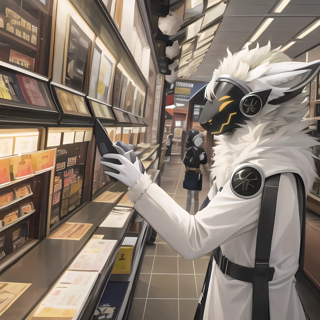 The image is of a white and gray furry creature in a futuristic library. The creature is wearing a white coat and a black and yellow visor. It is looking at a book. There is a human in the background. The human is wearing a black coat and a white scarf. The library is full of bookshelves and there is a large window in the background.