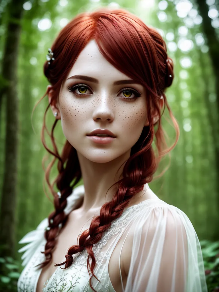 The image is a portrait of a beautiful young woman with long, red hair and green eyes. She is wearing a white dress with a sweetheart neckline and a green sash. Her hair is braided and she is wearing a circlet of flowers. The background is a blur of green leaves. The woman's skin is pale and flawless, and her eyes are bright and piercing. She is looking at the viewer with a slightly raised eyebrow, as if she is amused by something. The image is both beautiful and mysterious, and it draws the viewer in to learn more about the woman in the portrait.