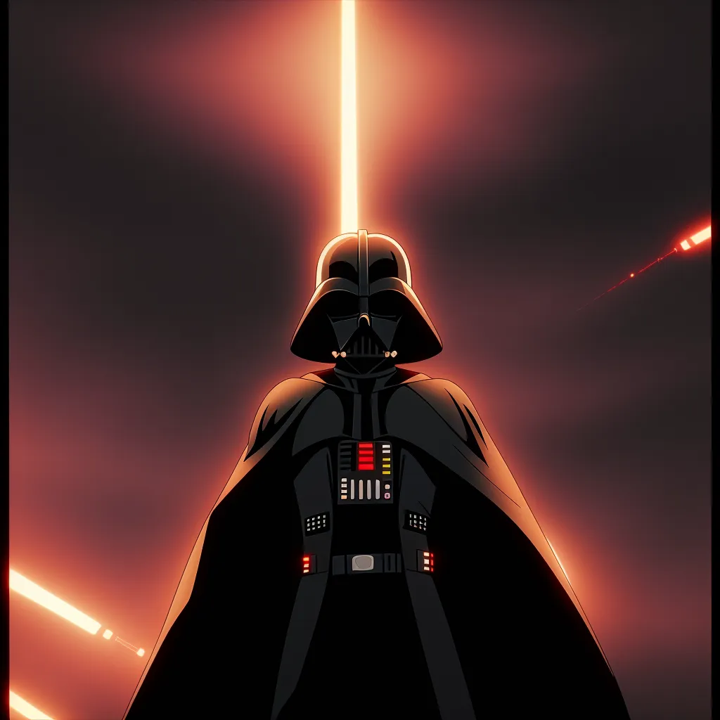 Ini adalah ilustrasi Darth Vader dari Star Wars. Dia berdiri di tempat yang gelap, dengan lightsaber merah yang diarahkan kepadanya. Dia mengenakan setelan hitam dan helm ikoniknya, dan matanya bersinar merah. Latar belakangnya gelap dan ada sinar laser merah yang beterbangan di udara.