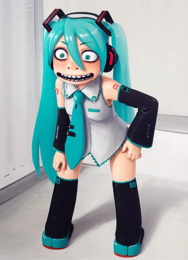 This is an image of Hatsune Miku, a Japanese Vocaloid software character. She is depicted in a chibi style, with a large head and small body. She is wearing her signature outfit, which consists of a white and turquoise dress with a tie, and turquoise headphones. Her hair is long and green, and her eyes are turquoise. She is standing in a playful pose, with her hands on her hips and her mouth open in a surprised expression. The background is white, with a few simple lines to indicate a room.