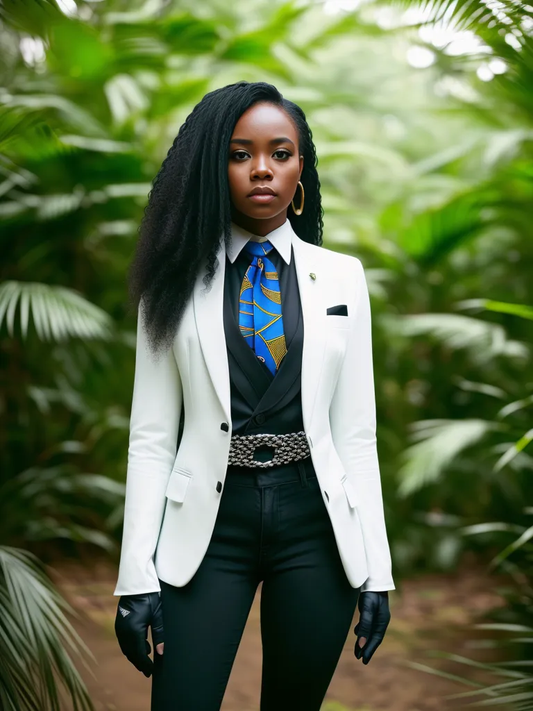 L'image montre une jeune femme africaine debout dans une forêt verdoyante. Elle porte une veste de costume blanche, un pantalon noir et une cravate à motifs bleus et jaunes. Elle porte également des gants noirs et une ceinture noire avec une boucle argentée. Ses longs cheveux noirs sont coiffés en boucles lâches et elle a une expression sérieuse sur le visage.