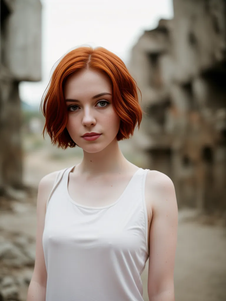 The image shows a young woman with short red hair and green eyes. She is wearing a white tank top and standing in front of a ruined building. The background is blurry and out of focus. The woman's expression is serious and thoughtful. She is looking at the camera with her head tilted slightly to the right. The image is well-lit, and the colors are vibrant. The woman's skin is pale and flawless. Her hair is styled in a way that is both casual and flattering. The image is taken from a slightly elevated angle, which makes the woman appear taller and more confident. Overall, the image is visually appealing and captures the woman's beauty and strength.