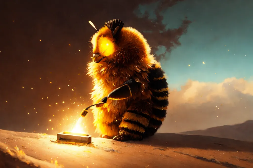 The image shows a bee-like creature sitting on a rock. The creature is mostly yellow and black, with a round body and large wings. It has a long tail and a pair of antennae. The creature is sitting on a rock, and there is a small fire in front of it. The creature is holding a welding torch, and it is using the torch to weld a metal object. The background of the image is a dark sky, with clouds and stars.