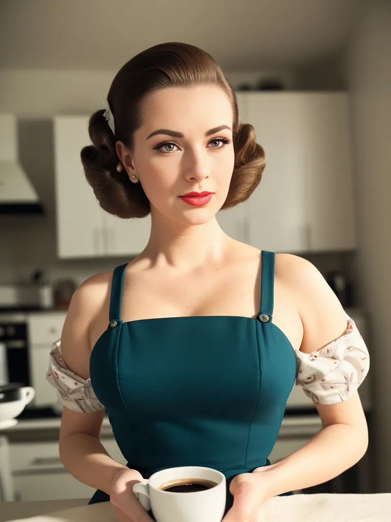 La foto muestra a una mujer joven con el cabello castaño peinado en un estilo vintage. Lleva un vestido verde con mangas florales blancas. Está sosteniendo una taza de café blanca en sus manos. El fondo está borroso, pero parece una cocina. La mujer mira hacia la derecha del encuadre, que es un ángulo que se utiliza a menudo en la fotografía de retratos.