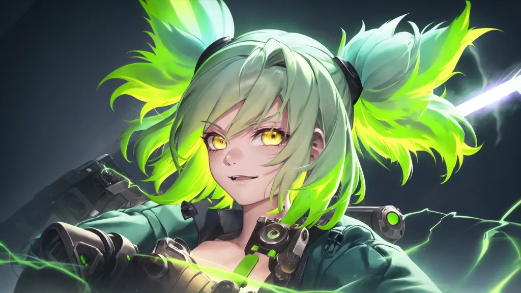 The image is a portrait of a young woman with green hair and yellow eyes. She is wearing a green jacket and has a determined expression on her face. She is surrounded by green energy and appears to be ready to fight.