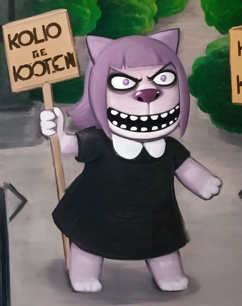 Esta es una pintura de una criatura parecida a un gato de color púrpura. Está usando un vestido negro con un cuello blanco. La criatura tiene su pata derecha levantada sosteniendo un letrero que dice "Kolio Be Kooten". El fondo es verde con una acera y árboles.