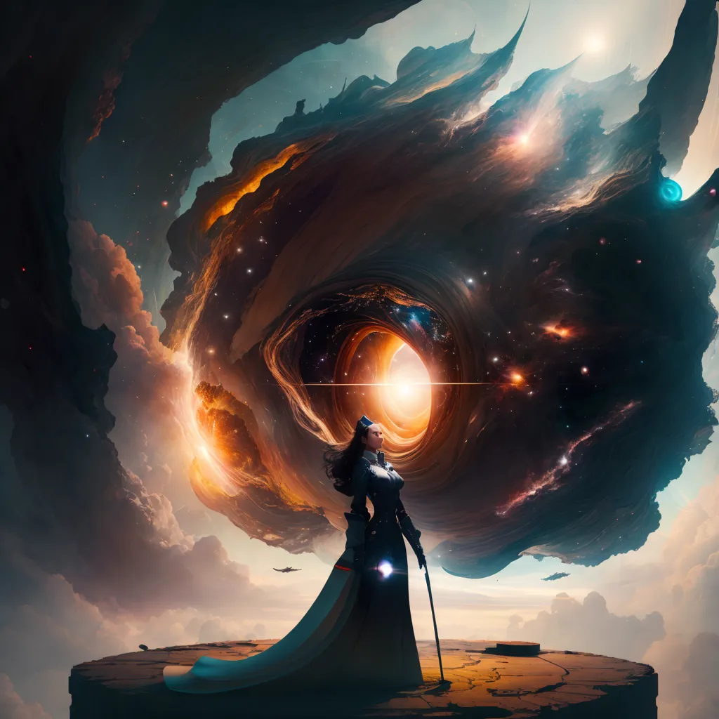 The image is of a woman standing on a small planetoid in the middle of a swirling nebula. The woman is wearing a black dress with a long flowing cape. She has long brown hair and is looking up at a large, glowing wormhole in the center of the nebula. The wormhole is surrounded by bright, swirling clouds of gas and dust. The image is very colorful and has a lot of detail.