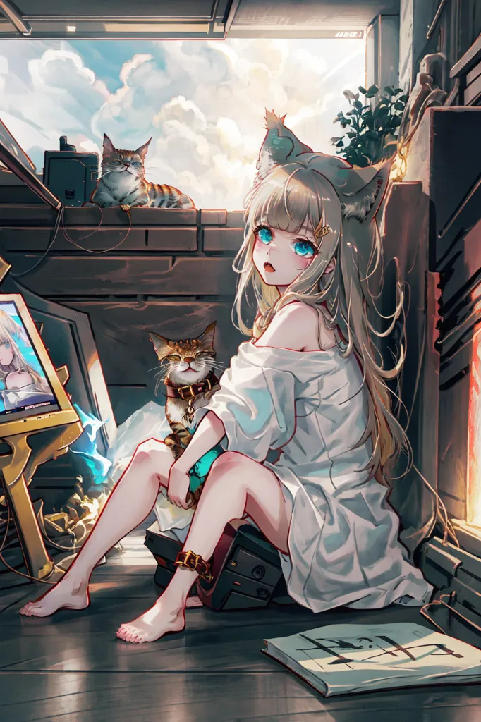 この画像は、猫の耳を持つ若い女性と猫の描かれたアニメスタイルのイラストです。女性は部屋の床に座り、足を組み、猫を抱いています。彼女は肩の出た白いシャツと裸足を着ています。猫は彼女の膝の上に座り、彼女を見上げています。キャビネットの上にもう1匹の猫がいます。部屋には、コンピューター、本、絵画など、さまざまなアイテムが飾られています。