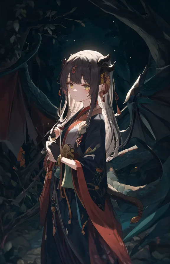 The image is of a young woman with long black hair and yellow eyes. She is wearing a traditional Japanese kimono with a red and white pattern. She also has a pair of black horns on her head and a long, black tail. She is standing in a dark forest, surrounded by trees. There is a full moon in the sky.