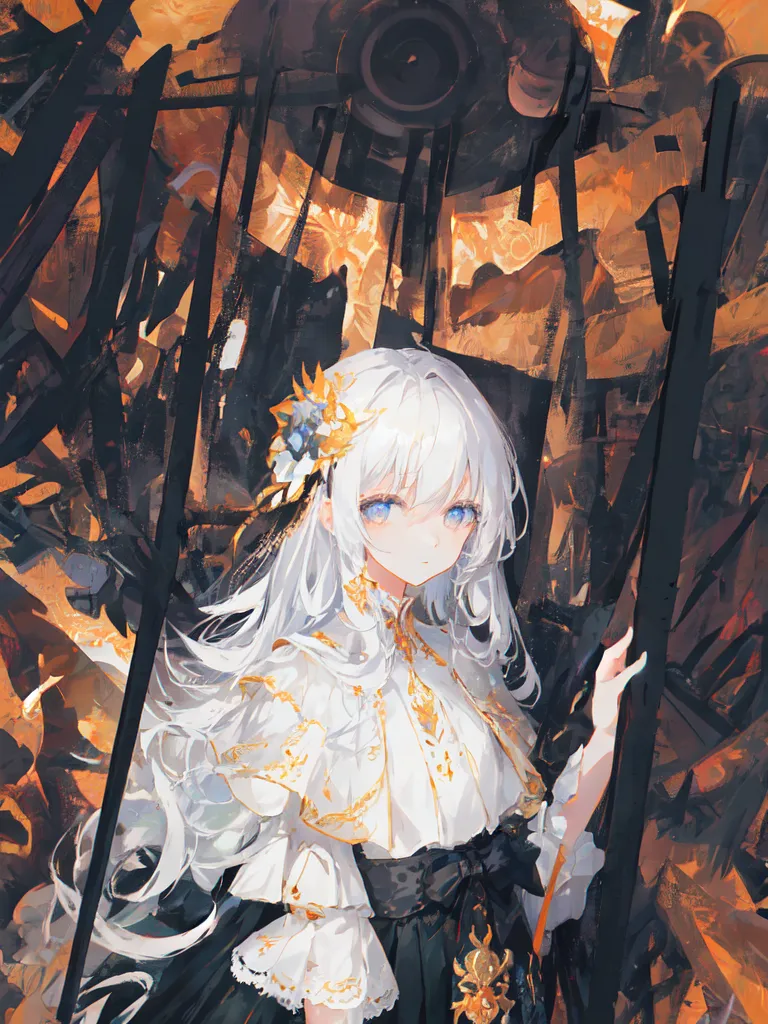 The image is a painting of a young woman with long white hair and blue eyes. She is wearing a white dress with a black sash and a gold necklace. She is standing in front of a large clockwork mechanism. The clockwork mechanism is made of gears, cogs, and other mechanical parts. It is unclear what the woman is doing, but she seems to be examining the clockwork mechanism. The painting is done in a realistic style, and the colors are muted and subdued. The overall effect is one of mystery and intrigue.