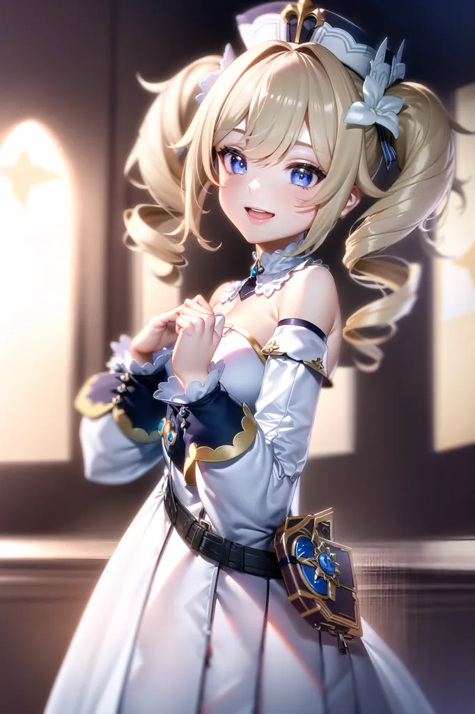 L'image montre une fille de style anime aux cheveux blonds et aux yeux bleus. Elle porte une robe blanche avec une écharpe bleue et une ceinture marron. Elle a un livre sur la hanche et sourit. Elle se tient dans un bâtiment de style église avec des vitraux.