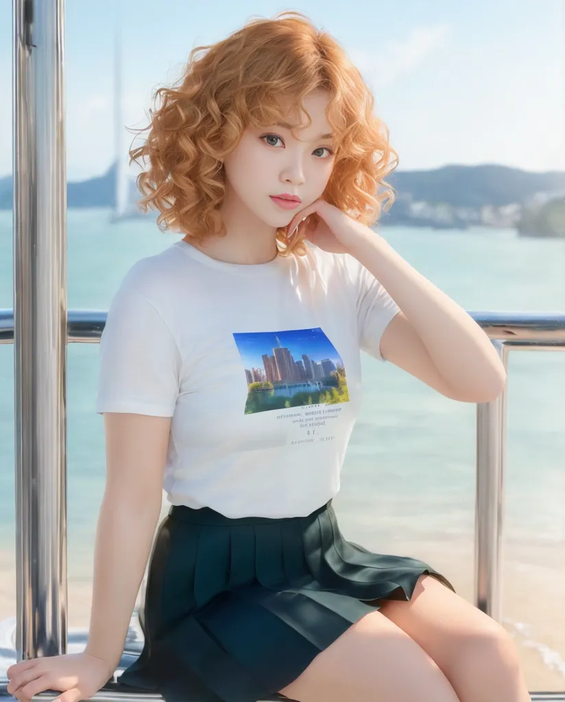 The image shows a young woman standing on a pier, leaning against the railing. She has short, curly orange hair and is wearing a white t-shirt with a picture of a cityscape on it. The picture is of a tall building with a lot of windows. She is also wearing a green pleated skirt. The woman is looking at the view of the water, which is calm and blue. There are some buildings and trees in the distance. The sky is blue and there are some white clouds. The woman is wearing a thoughtful expression.