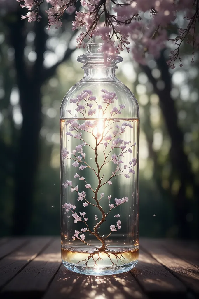 The image is a beautiful and serene depiction of a cherry blossom tree in a glass bottle. The tree is in full bloom, with delicate pink and white blossoms. The bottle is filled with a clear liquid, which reflects the light of the sun. The tree is anchored in a bed of moss, which is surrounded by a ring of small, white flowers. The image is set against a backdrop of a soft, green forest. The overall effect is one of peace and tranquility.