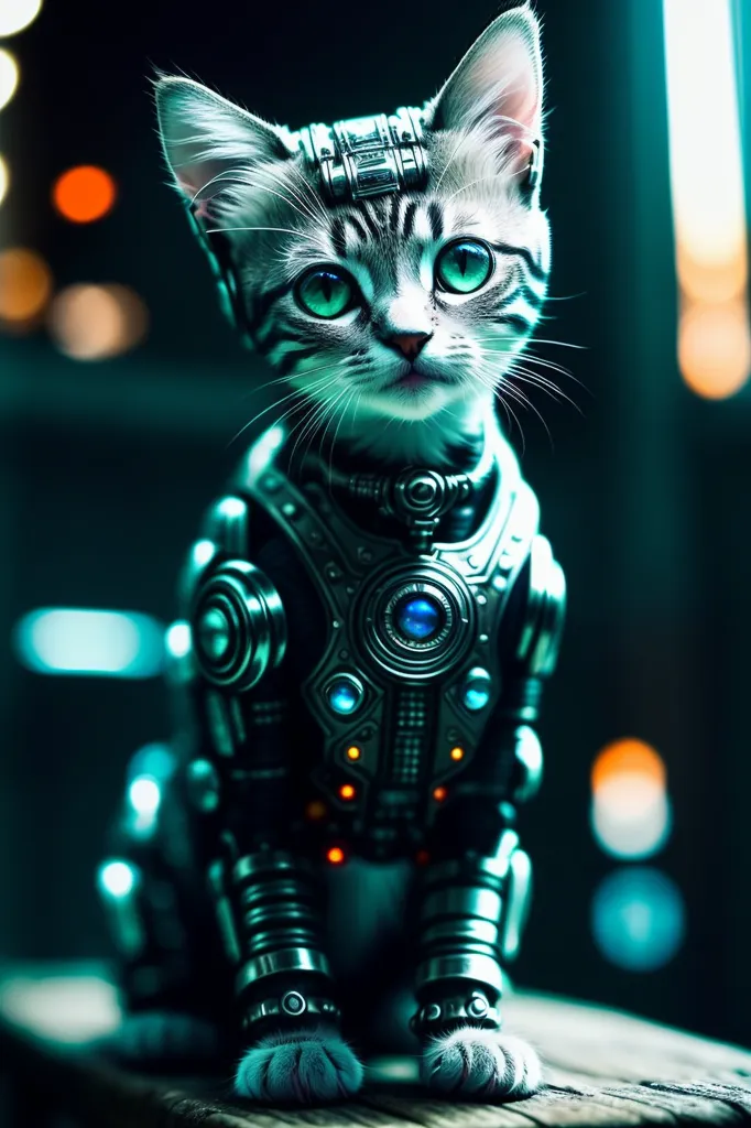 This is a photo of a cat wearing a robotic suit of armor. The cat is sitting on a wooden table, looking at the camera with wide green eyes. The suit of armor is made of metal and has several glowing lights on it. The cat looks like it is ready for battle!