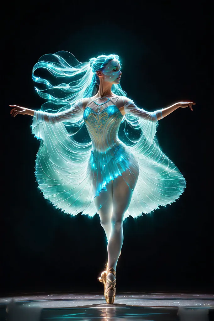 La imagen es de una bailarina con un leotardo azul y blanco y zapatillas de ballet. Tiene el cabello largo de color azul y una máscara blanca en la cara. Está de pie en un escenario oscuro con los brazos extendidos, y su cabello y falda se extienden detrás de ella. La imagen es muy dinámica y captura la belleza y la gracia de la bailarina.