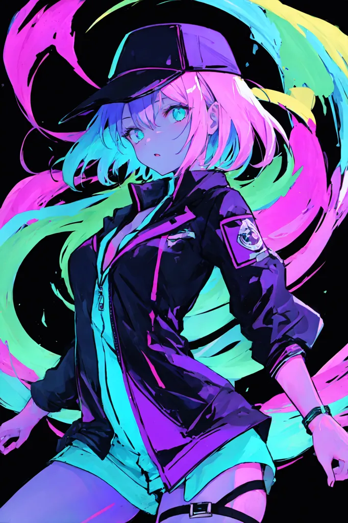The image is a portrait of a young woman with pink hair and blue eyes. She is wearing a black cap and a black jacket with blue and pink highlights. She is standing in front of a dark background with colorful streaks of light surrounding her. The image is drawn in a realistic style and the colors are vibrant and saturated. The woman's expression is serious and determined. She is looking at the viewer with her head slightly tilted down. Her hair is short and spiky, and she has a small ahoge sticking out from the top of her head. She is wearing a black choker and a pair of black gloves. Her jacket is open, revealing a white shirt underneath. She is also wearing a pair of black pants and a pair of black boots. The image is set in a dark and futuristic environment. The background is dark blue, and there are streaks of light in various colors, such as blue, pink, and yellow, surrounding the woman. The light streaks are arranged in a circular pattern, and they seem to be moving towards the woman. The woman is standing in the center of the circle, and she is facing the viewer.