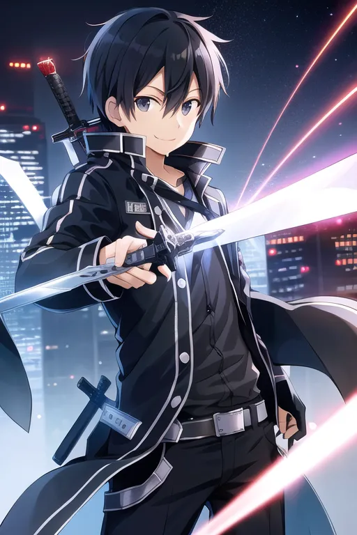 This is an image of a young boy with black hair and blue eyes. He is dressed in a black jacket and pants. He is holding a sword in each hand. He is standing in a city at night. There are tall buildings in the background. The boy is looking at the viewer with a smile on his face.