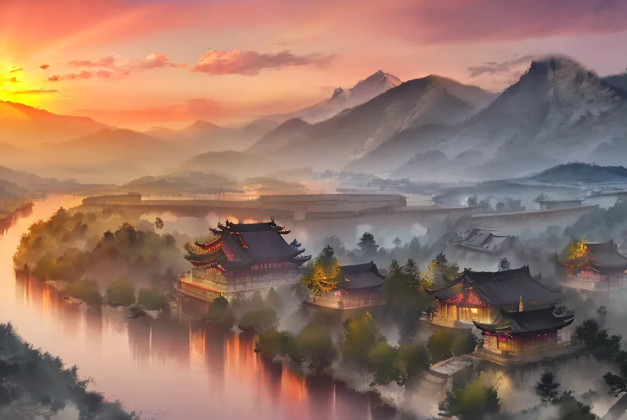 The image is a beautiful landscape painting of a Chinese village. The village is located in a valley surrounded by mountains. The sky is a gradient of orange and pink, with a few wispy clouds. The sun is setting over the mountains, casting a warm glow over the village. The village is made up of a collection of traditional Chinese buildings, with red roofs and white walls. The buildings are surrounded by lush trees and gardens. A river runs through the village, reflecting the sky and the mountains. The image is peaceful and serene, and captures the beauty of the Chinese countryside.