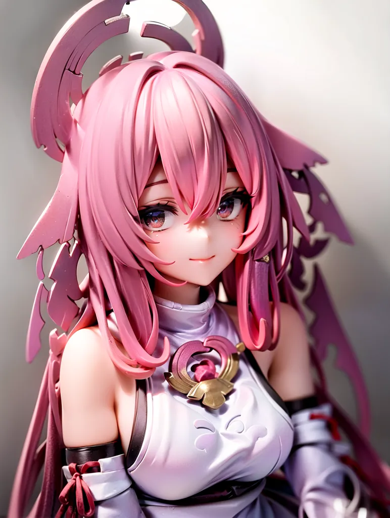 La imagen muestra una figura de estilo anime de una mujer joven con cabello rosa y ojos morados. Lleva un atuendo blanco y rosa con una gema rosa en el pecho. Tiene una sonrisa suave en su rostro y mira ligeramente hacia la derecha. La figura está bien detallada y tiene una apariencia realista.