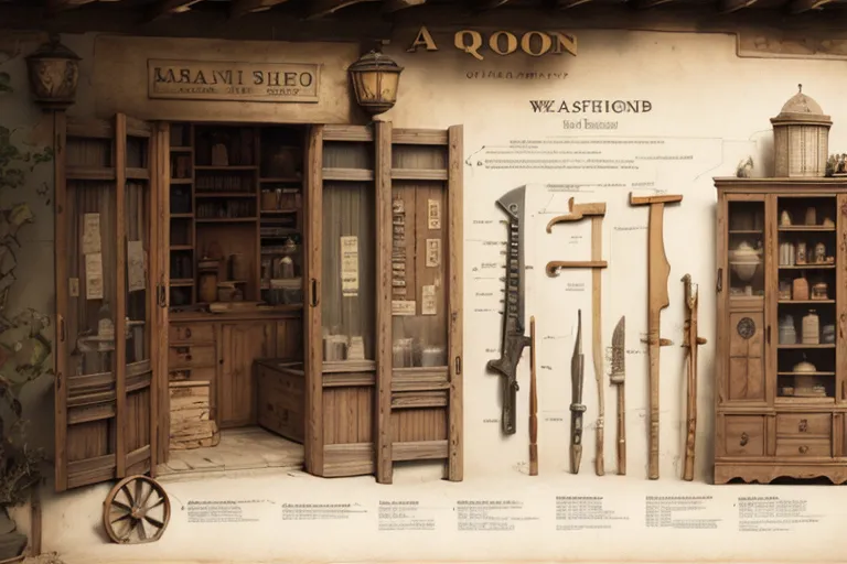 The image shows an old-fashioned pharmacy. On the left side, there is a counter with a cash register and a shelf with various items. There is a door behind the counter that leads to the back of the pharmacy. On the right side, there is a wall with a large wooden cabinet. The cabinet has many shelves with different types of medicine. There is a wooden desk in front of the cabinet with a lamp on it. There is a poster on the wall behind the desk that shows a diagram of a human body.