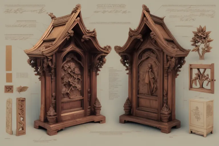 L'image montre deux armoires en bois avec des sculptures complexes. Les armoires sont dans le style de l'architecture traditionnelle chinoise, avec un toit incurvé et des avant-toits relevés. Les portes des armoires sont sculptées avec un motif de phénix et de dragon, et les côtés des armoires sont sculptés avec un motif de fleurs et de feuillage. Les armoires reposent toutes deux sur une base en bois.