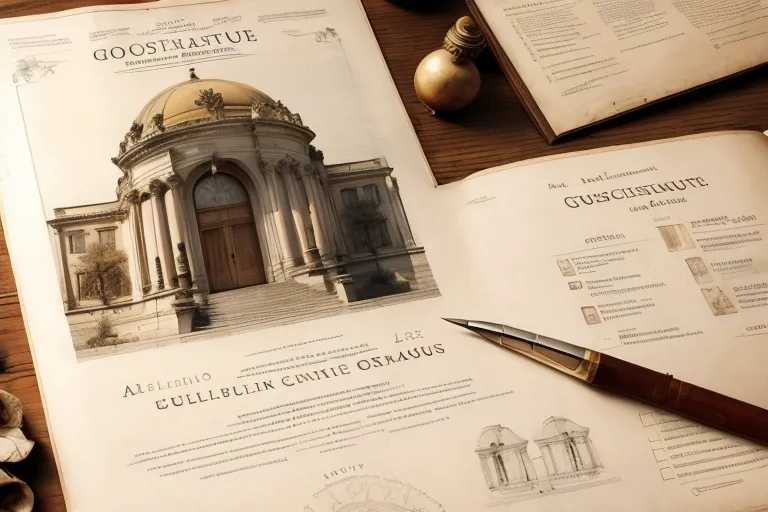 The image is an architectural drawing of a grand building with a portico and a dome. It is surrounded by other drawings and plans, and there is a quill pen resting on top of them. The image is sepia-toned and has a very classical feel to it.