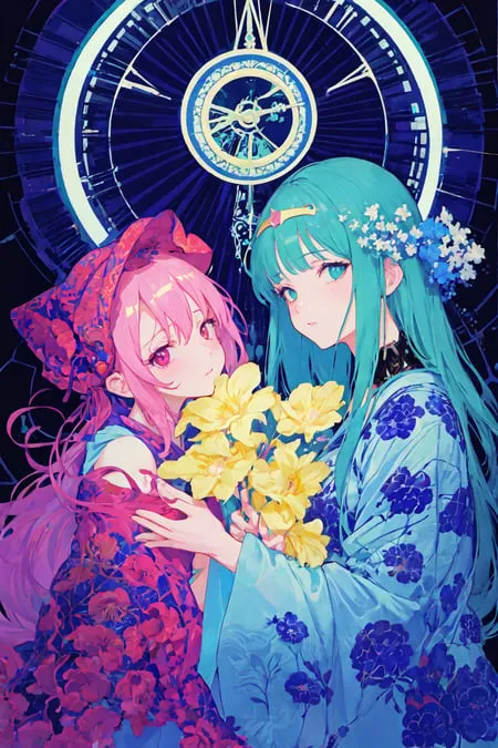 The image is of two anime girls with long hair. The girl on the left has pink hair and is wearing a pink kimono with white and red flowers. She is holding a bouquet of yellow daffodils. The girl on the right has green hair and is wearing a blue kimono with white and red flowers. She is also holding a bouquet of yellow daffodils. There is a large clock in the background. The clock is blue and white and has Roman numerals.