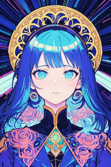 This is an image of a young woman with long, blue hair and blue eyes. She is wearing a blue and gold outfit with a white collar. She has a halo around her head and is surrounded by pink and blue flowers. The background is a dark blue with bright white and yellow lines.