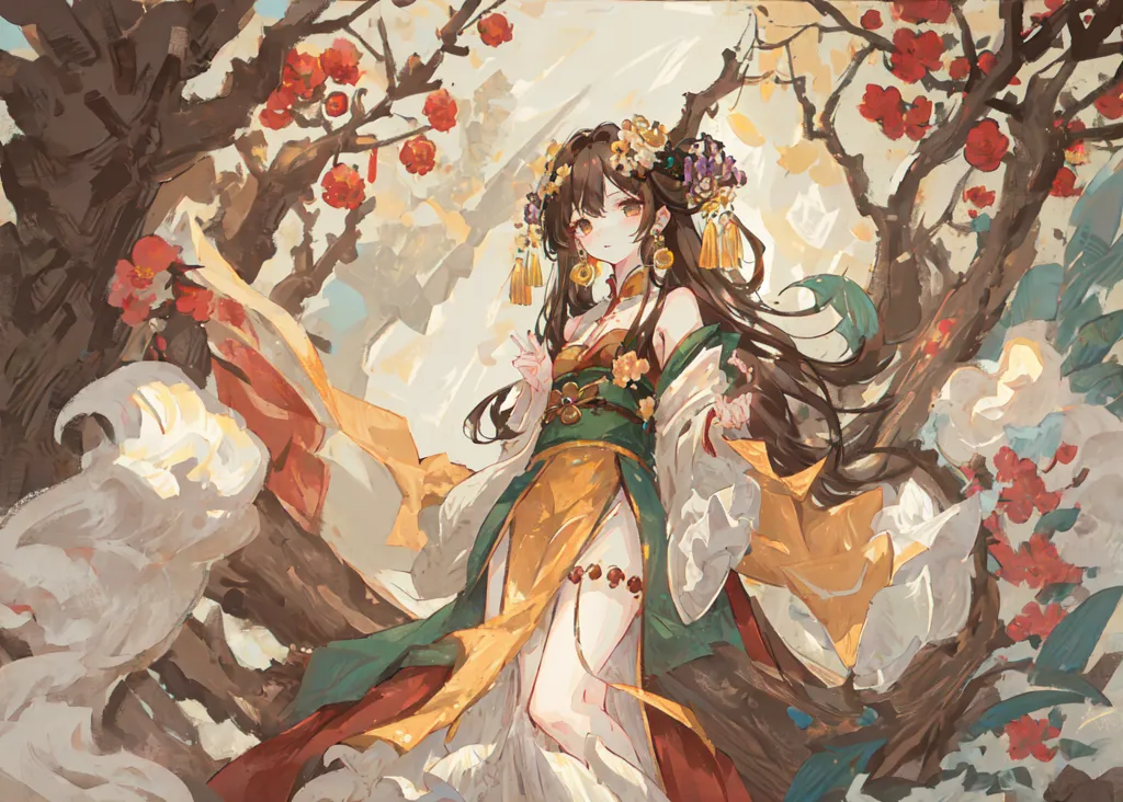 A imagem é uma pintura de uma jovem mulher vestindo um traje tradicional chinês. Ela está em pé em uma floresta de pessegueiros, e os ramos estão carregados de frutos maduros. A mulher usa um vestido longo e fluido com um colarinho alto. O vestido é decorado com bordados intrincados e tem um longo trem. O cabelo da mulher é longo e preto, e ela usa vários adornos para o cabelo. Ela também usa várias peças de joalheria, incluindo um colar, brincos e pulseiras. O rosto da mulher é sereno, e ela olha para o espectador com um sorriso suave. A pintura é feita em um estilo realista, e as cores são vibrantes e realistas. A imagem é uma bela e evocativa representação de uma jovem mulher em um cenário tradicional chinês.