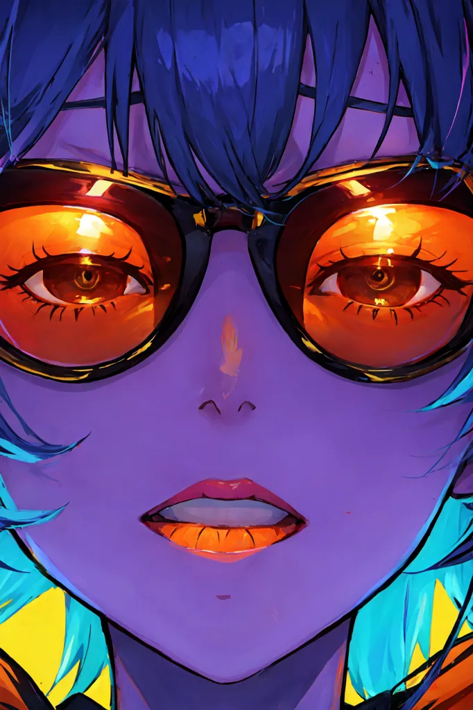 This is a picture of a woman wearing sunglasses. Her hair is blue and short. The glasses are yellow and have a round frame. The woman's lips are orange and her skin is purple. The background is yellow. The image is drawn in a cartoon style.