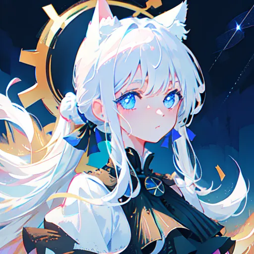 The image is a portrait of a young woman with white hair and blue eyes. She has fox ears and a tail. She is wearing a white dress with a blue sash. There are stars in the background.