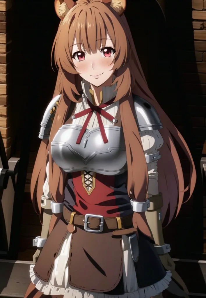 The image shows a young woman with long brown hair and red eyes. She is wearing a brown and red outfit with a white apron. She is also wearing a breastplate and has a brown belt around her waist. She has a happy expression on her face and is looking at the viewer. She has cat ears and a tail.