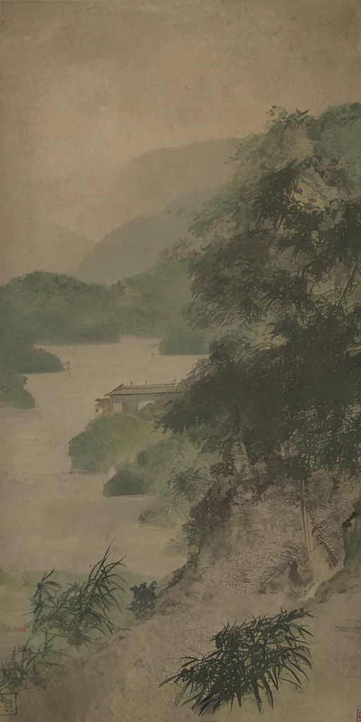 The image is a Japanese woodblock print by Hiroshige. It is a landscape print and depicts a scene of a river flowing through a valley. The river is in the foreground and is spanned by a bridge. The valley is in the background and is filled with trees and mountains. The print is done in a muted color palette and has a hazy, dreamlike quality.