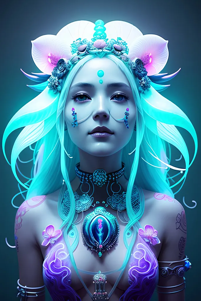 The image is a portrait of a woman with blue skin and long, flowing hair. She is wearing a headdress made of flowers and leaves, and her body is adorned with intricate tattoos and jewelry. Her eyes are closed, and she has a serene expression on her face. The background is a dark blue color, and the overall effect of the image is one of beauty and mystery.