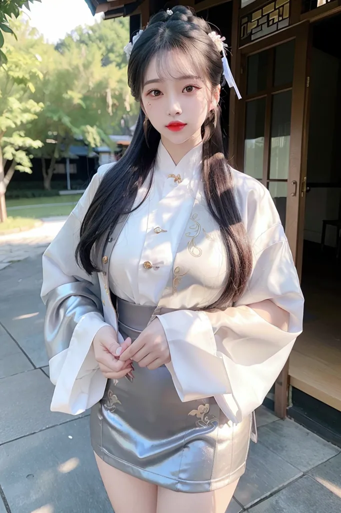 The image shows a young woman wearing a traditional Chinese outfit. She is standing in a courtyard, with a building in the background. The woman is wearing a white and silver cheongsam-style dress with a high collar and a long slit on one side. The dress is decorated with intricate embroidery and has a silver belt at the waist. The woman's long black hair is left down and she is wearing a white flower in her hair. She is also wearing silver earrings and a silver bracelet. The woman's makeup is natural, with a light pink blush and a red lipstick. She is standing with her hands clasped in front of her, and she has a serene expression on her face.