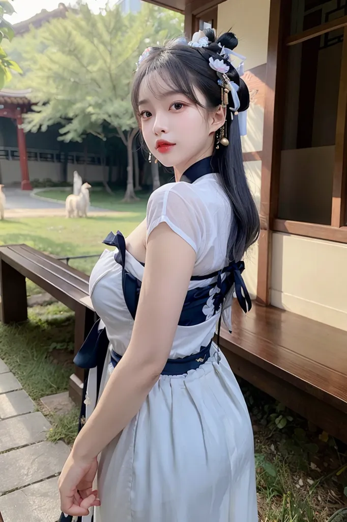 The image shows a young woman wearing a modified hanfu (a traditional Chinese dress) standing in a courtyard. The hanfu is white with blue and gray trim. The woman has long black hair and blue eyes. She is wearing a pink necklace and blue earrings. There is a bench behind her and a tree in the background.