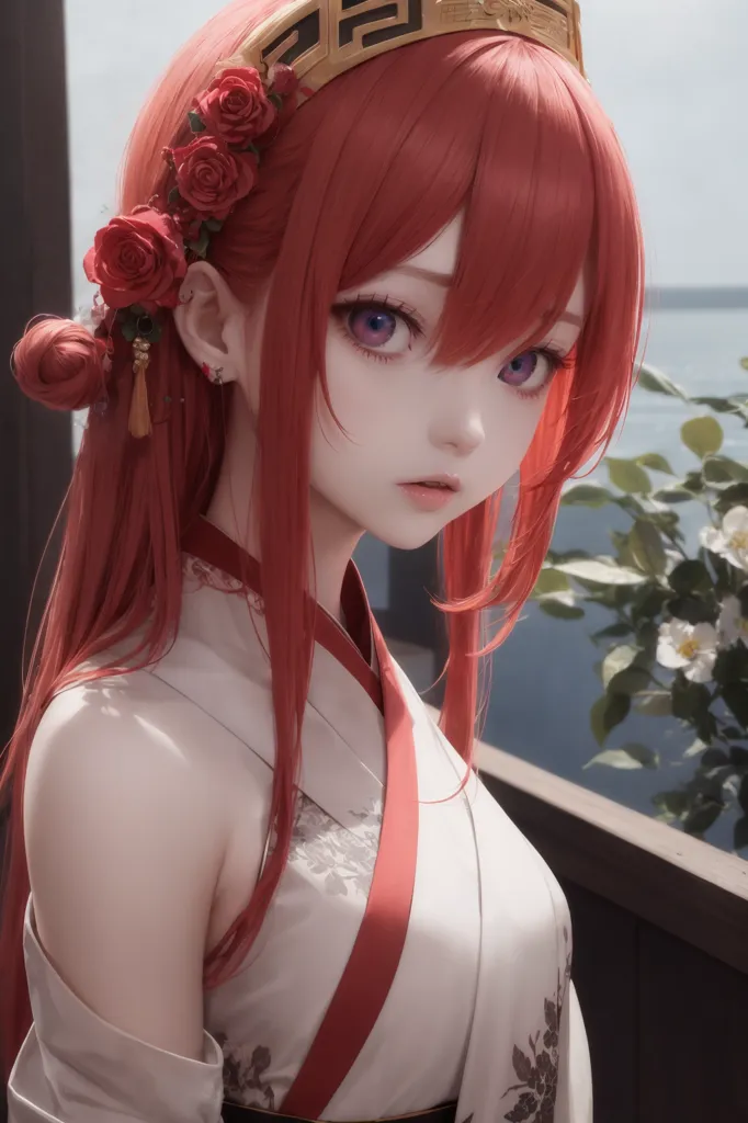 The image shows a young woman with long red hair and purple eyes. She is wearing a white kimono with a red sash and has a red rose in her hair. She is standing in a garden with a blurred background of water and trees.