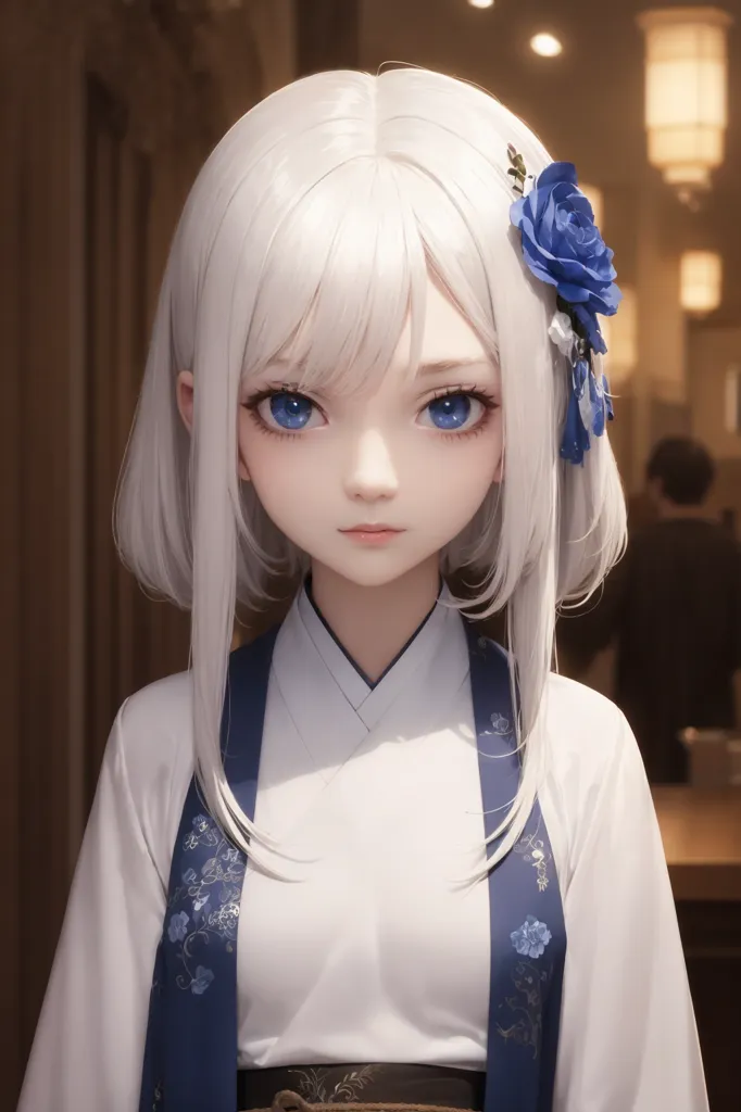 The image shows a young woman with waist-length white hair. She is wearing a white and blue kimono with a floral pattern. The woman has blue eyes and a flower hairpin on the right side of her head. She is standing in a room with a blurred background.