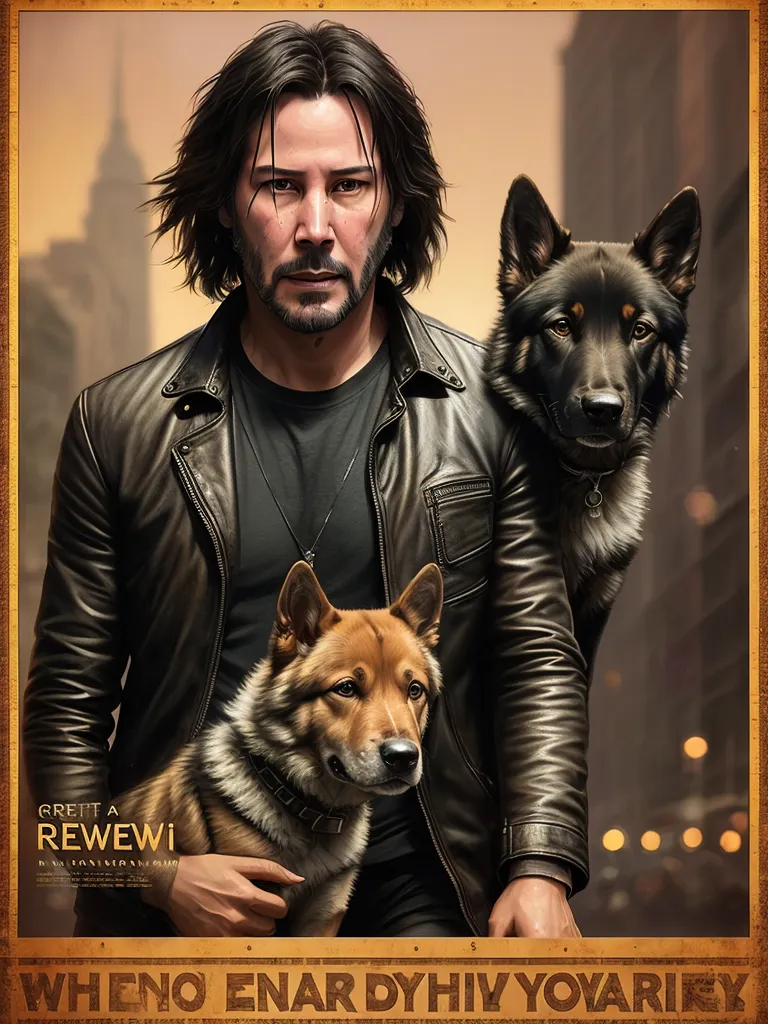 The image shows Keanu Reeves with two dogs. He is wearing a black leather jacket and a black T-shirt. The dogs are a German Shepherd and a Belgian Malinois. They are both wearing collars. The background is a blurred city.