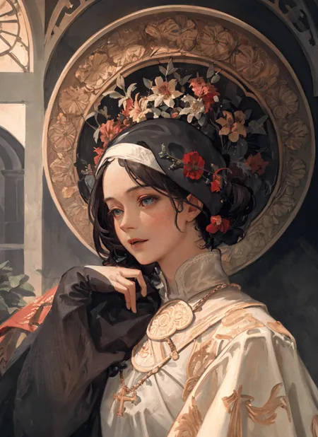 A imagem é uma pintura de uma jovem mulher com cabelos castanhos longos e olhos azuis. Ela está usando um vestido branco com uma capa preta. A mulher está em pé diante de uma janela, e há um halo de flores ao redor de sua cabeça. A pintura é feita em um estilo realista, e o artista prestou muita atenção aos detalhes. A expressão da mulher é serena, e ela parece estar perdida em pensamentos. A pintura é uma representação bela e comovente de uma jovem mulher, e fica claro que o artista possui grande habilidade.