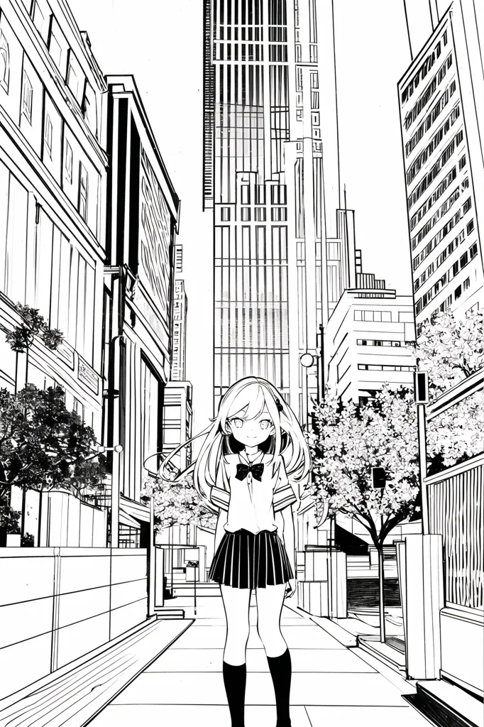 A imagem é um desenho em preto e branco de uma menina em pé em uma rua da cidade. A menina está usando um uniforme escolar e tem cabelos longos. Ela está no meio da rua, e há edifícios de ambos os lados. Os edifícios são altos e estreitos, e são todos feitos de vidro e aço. A rua está vazia, exceto pela menina. Não há carros ou pessoas na rua. O único som é o vento soprando pelas árvores. A imagem é muito calma e pacífica.