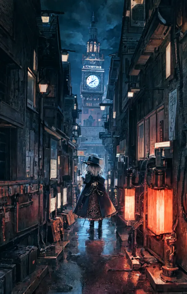 L'image représente une ruelle sombre et étroite dans une ville steampunk. La ruelle est éclairée par quelques lanternes et la lumière des fenêtres des bâtiments. Les bâtiments sont grands et comportent de nombreuses tuyauteries et autres détails steampunk. La rue est mouillée à cause de la pluie. Une horloge se dresse au loin. Une jeune fille marche dans la ruelle. Elle porte un long manteau noir et un chapeau. Elle tient une lanterne à la main.