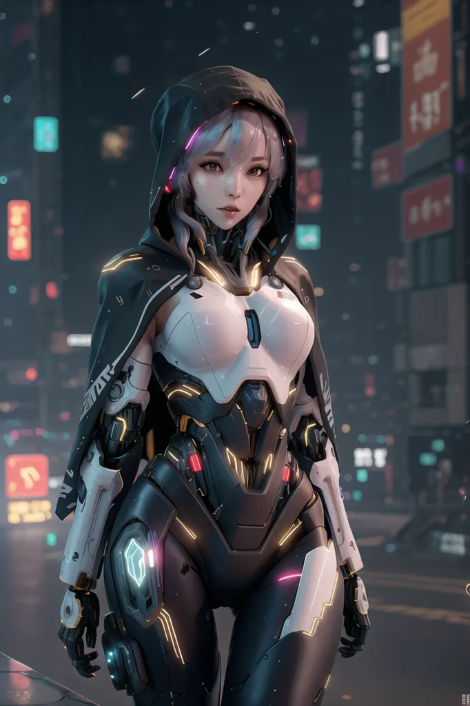 This is an image of a female cyborg. She is wearing a black and white bodysuit with a hood. The bodysuit has yellow and pink highlights. She is also wearing a pair of black boots. The cyborg is standing in a dark and rainy city. There are buildings and neon lights in the background.