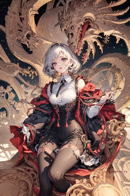 The image is of a young woman with white hair and red eyes. She is wearing a black and red dress with a white collar. She is sitting on a throne made of gold and jewels. There is a large dragon behind her. The dragon is red and gold with a long serpentine body. The woman is looking at the viewer with a serious expression.