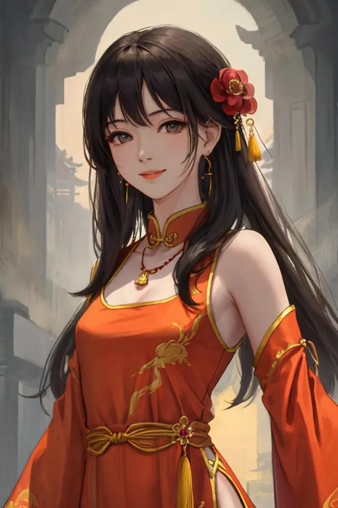 The picture shows a young woman standing in a traditional Chinese courtyard. She is wearing a red cheongsam with intricate golden embroidery and a high collar. The cheongsam is also decorated with red and gold tassels. She has long black hair that is tied up in a bun with a red flower hairpin. She is also wearing traditional Chinese earrings and a necklace with a red jewel pendant. The background of the picture is a Chinese courtyard with grey stone walls and a tiled roof.