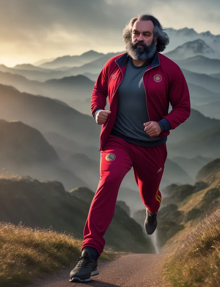 Un homme à la longue barbe blanche et à la moustache court sur un sentier de montagne. Il porte une tenue de jogging rouge et des baskets noires. Le soleil se couche en arrière-plan, projetant une lueur chaude sur la scène. Le visage de l'homme est déterminé et concentré, et il semble apprécier le défi de la course.