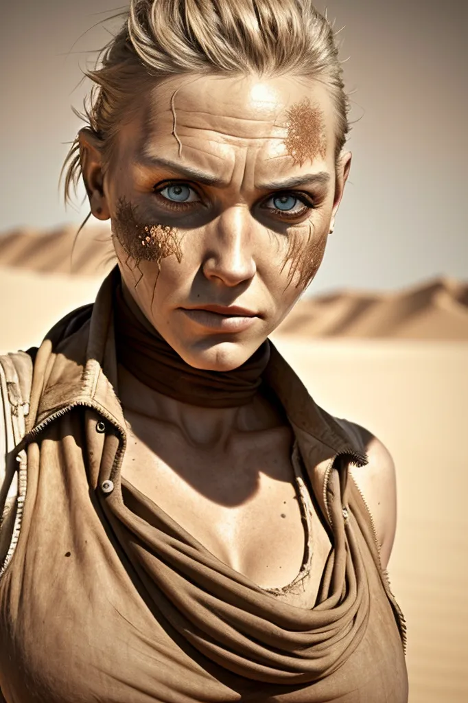 This is a portrait of a woman, probably in her 30s, with short blonde hair and blue eyes. She has a very weathered face, with wrinkles and sun damage. She is wearing a brown leather vest a beige shirt. She has a determined expression on her face. She is standing in a desert, with sand dunes in the background.